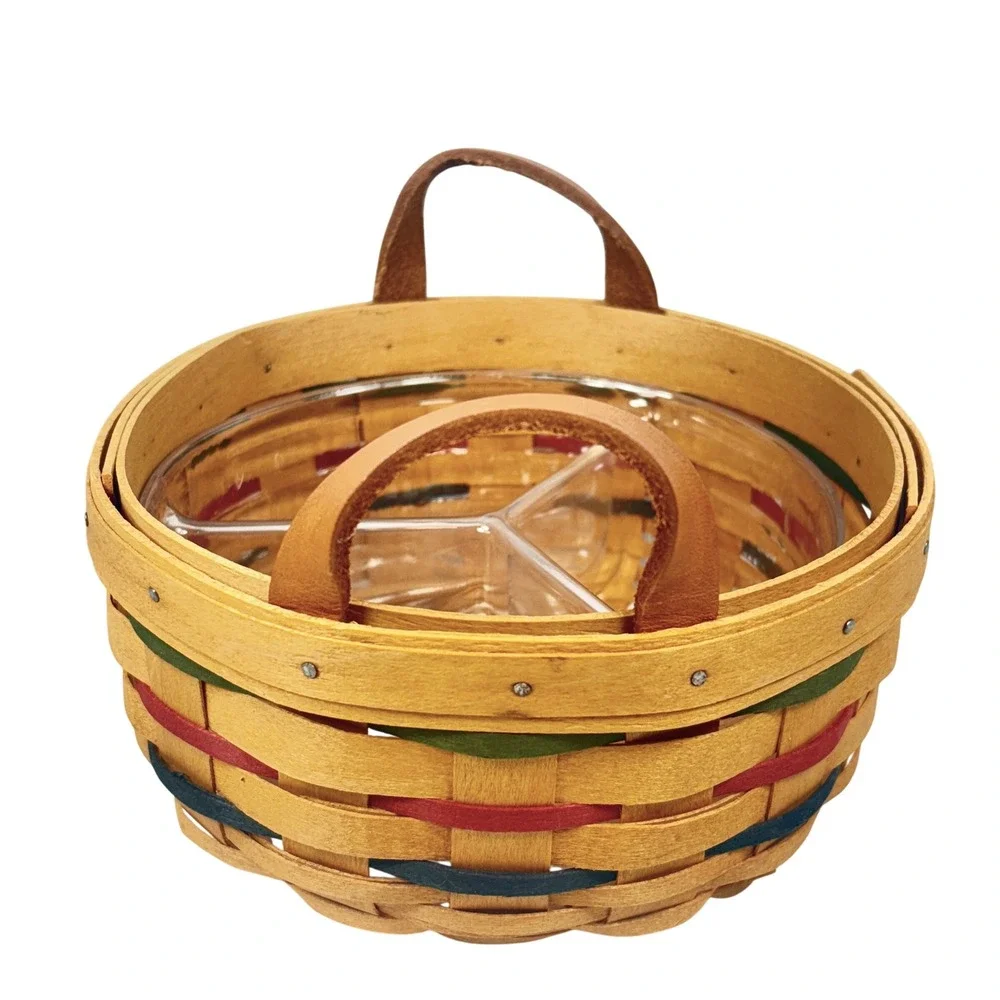 Longaberger 1999 Woven Traditions BUTTON BASKET Divided Protector Green Blue Red